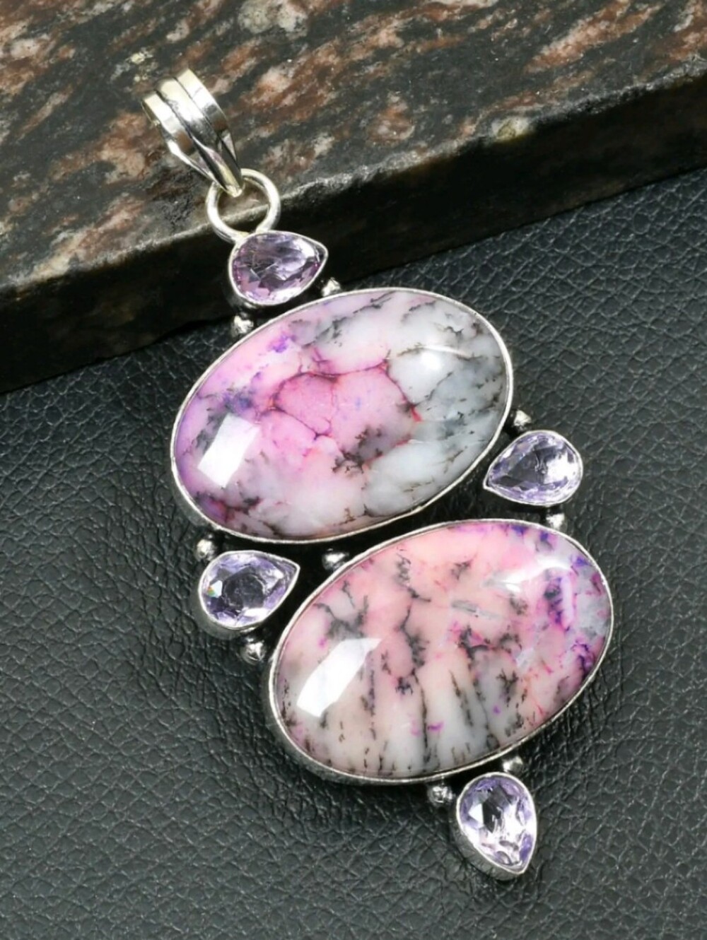 Pink Dendrite Opal, Amethyst Gemstone 925 Sterling Silver Pendant Necklace